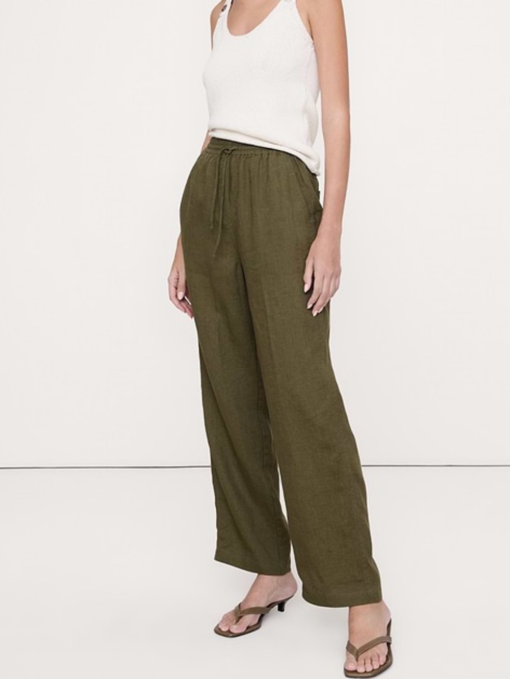 Crinkle Satin Wide-Leg Drawstring Pants — Olive